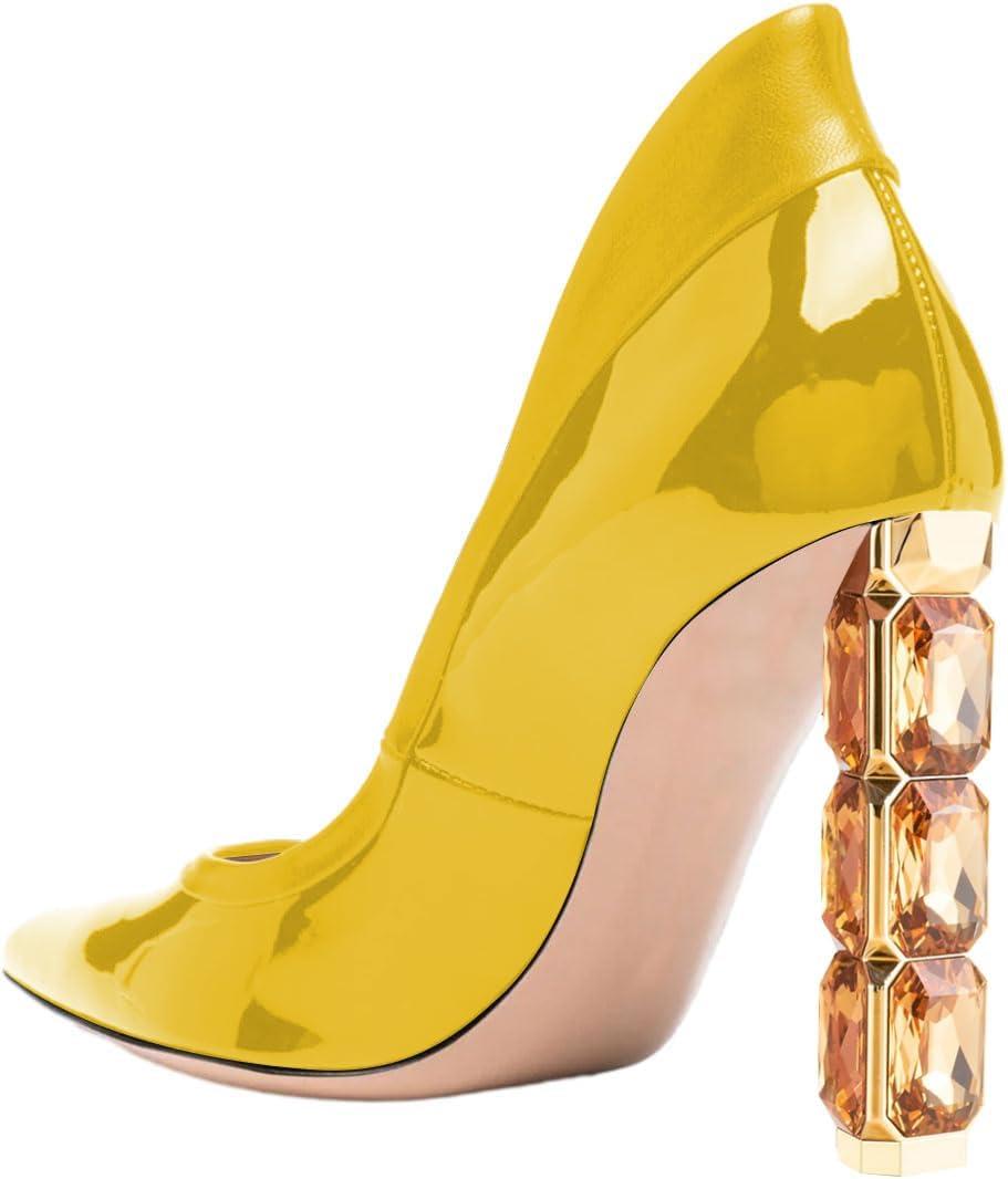 imageFSJ Women Pointed Toe Slip On Crystal Pumps Gorgeous Three Diamonds High Heel Bridal Wedding Comfort Party Dress Shoes Size 416 USYellow
