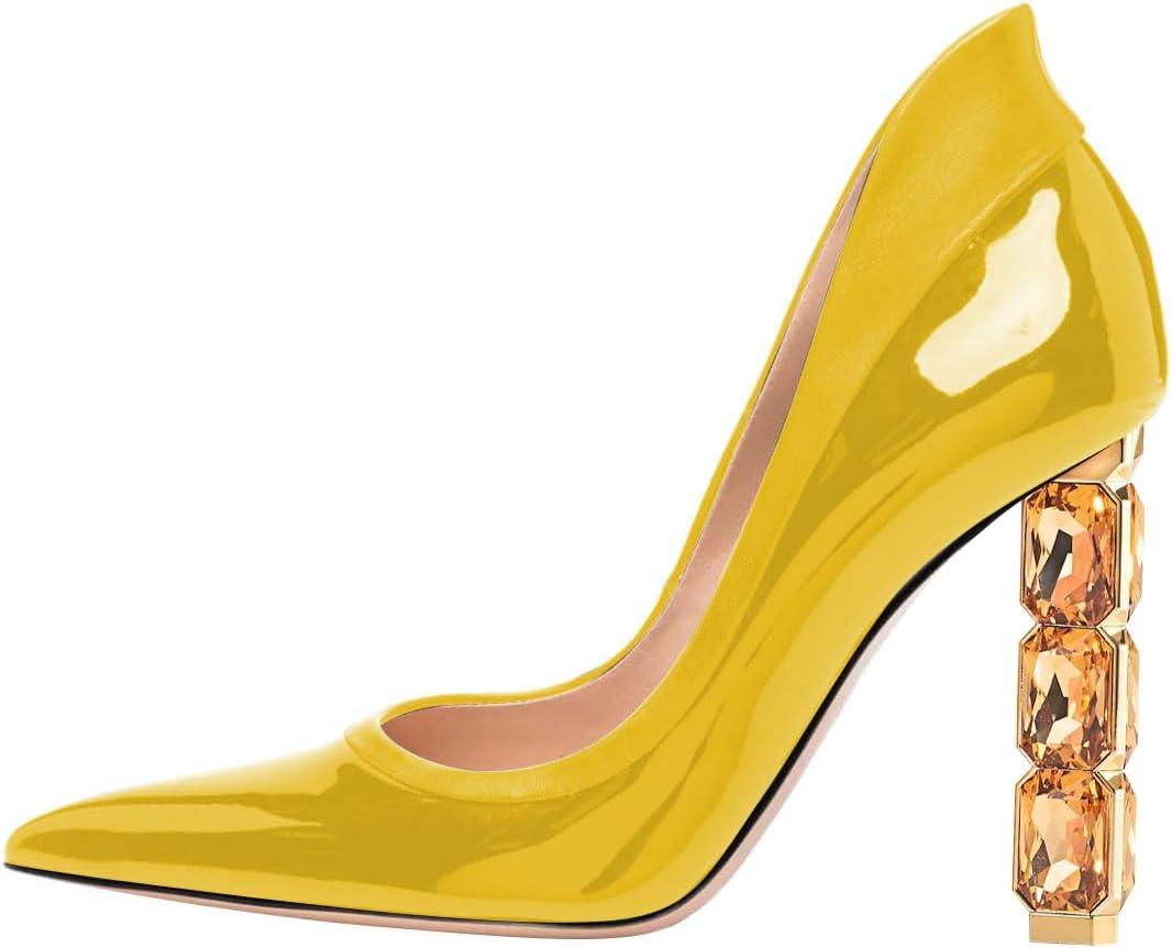 imageFSJ Women Pointed Toe Slip On Crystal Pumps Gorgeous Three Diamonds High Heel Bridal Wedding Comfort Party Dress Shoes Size 416 USYellow
