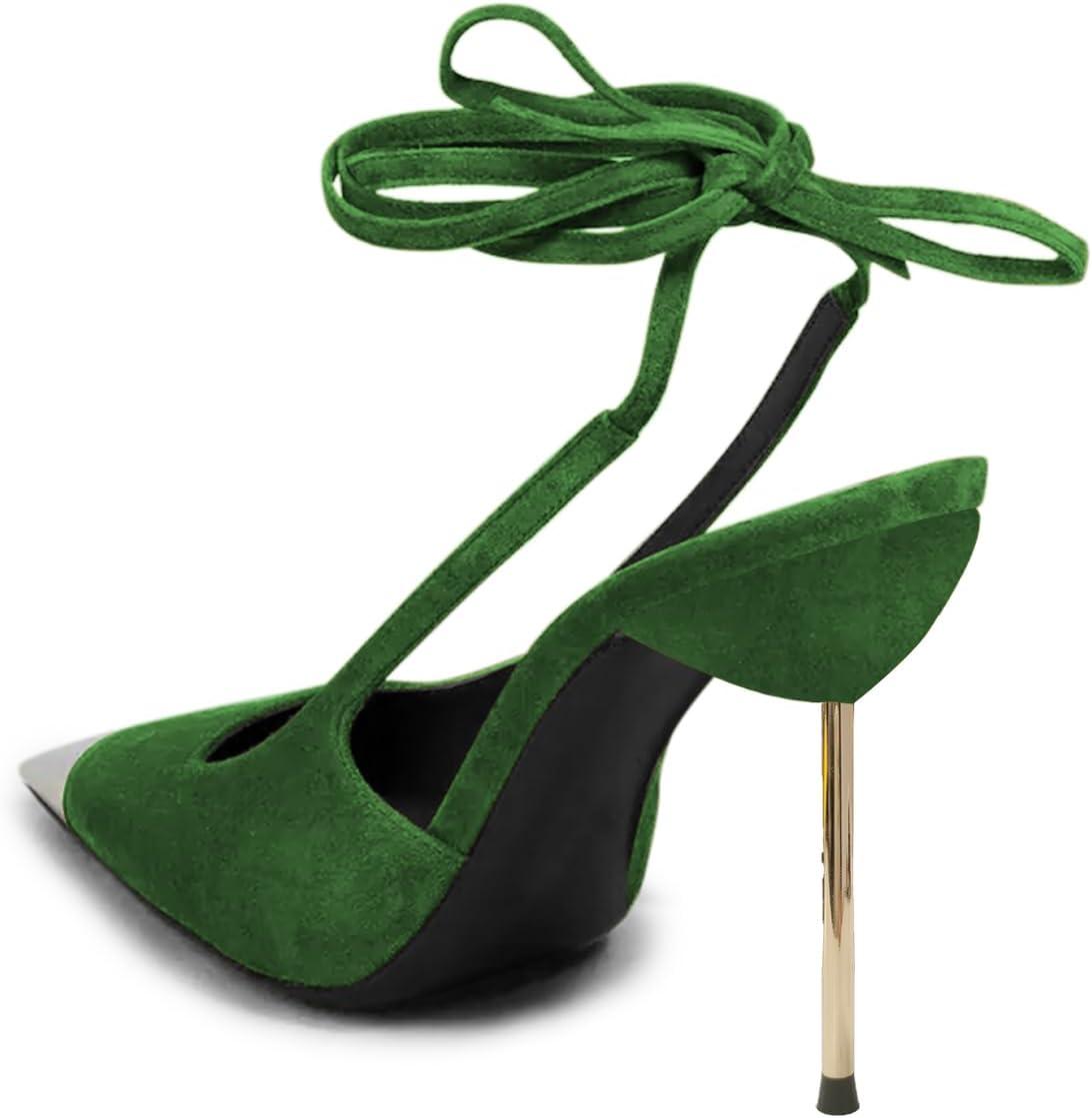 imageFSJ Women Sexy Laceup Slingback Pumps Closed Cap Toe Strappy Stiletto Heel Sandals Cocktail Nightclub Party Shoes Size 415 USGreen