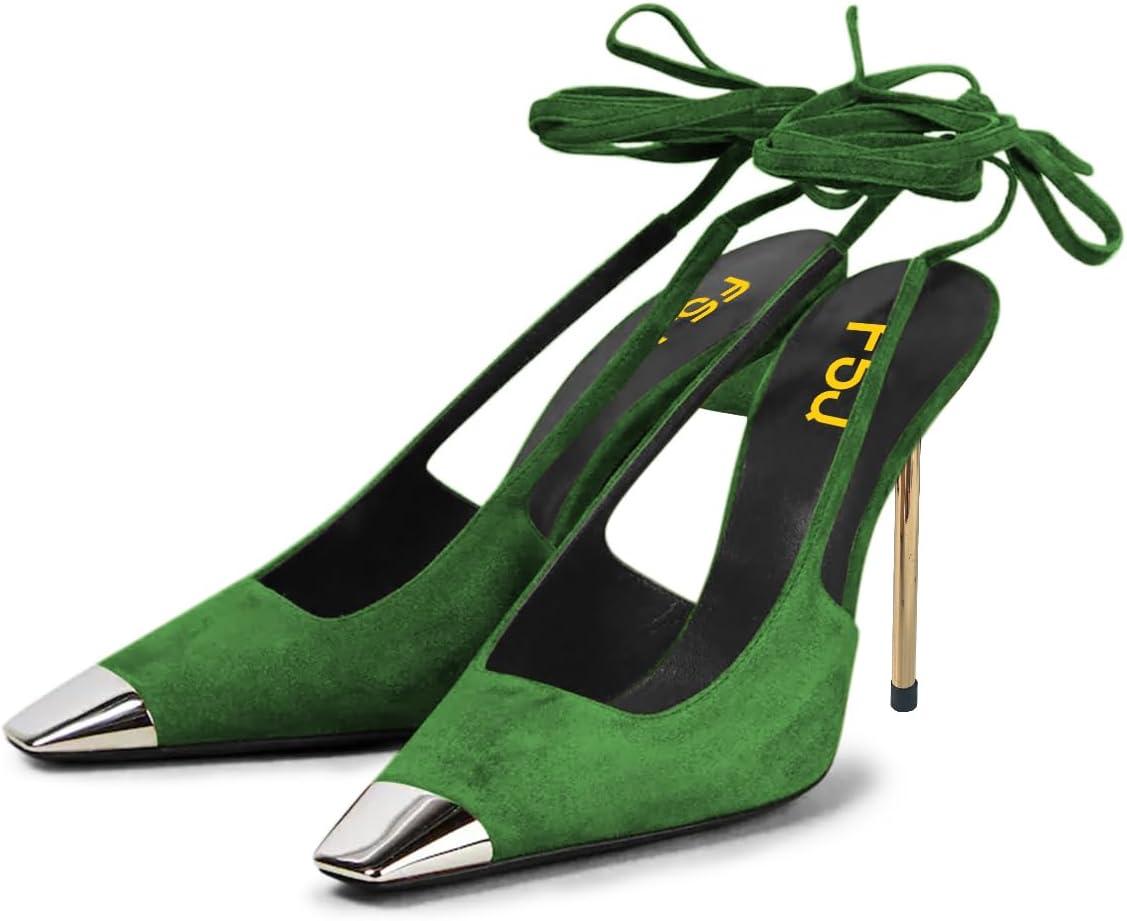 imageFSJ Women Sexy Laceup Slingback Pumps Closed Cap Toe Strappy Stiletto Heel Sandals Cocktail Nightclub Party Shoes Size 415 USGreen