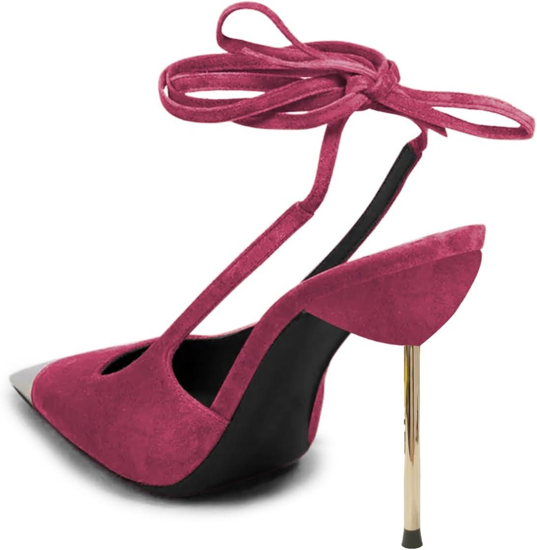 imageFSJ Women Sexy Laceup Slingback Pumps Closed Cap Toe Strappy Stiletto Heel Sandals Cocktail Nightclub Party Shoes Size 415 USMagenta