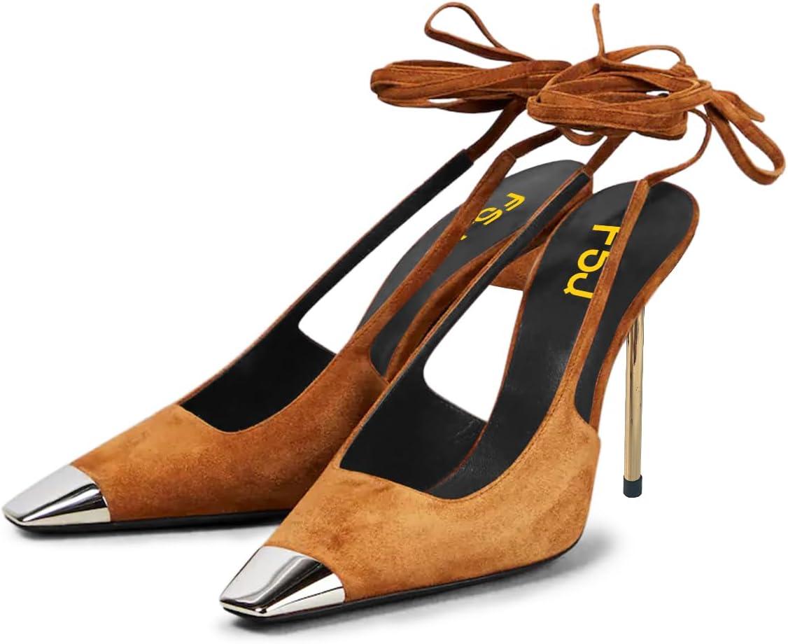 imageFSJ Women Sexy Laceup Slingback Pumps Closed Cap Toe Strappy Stiletto Heel Sandals Cocktail Nightclub Party Shoes Size 415 USOrangebrown