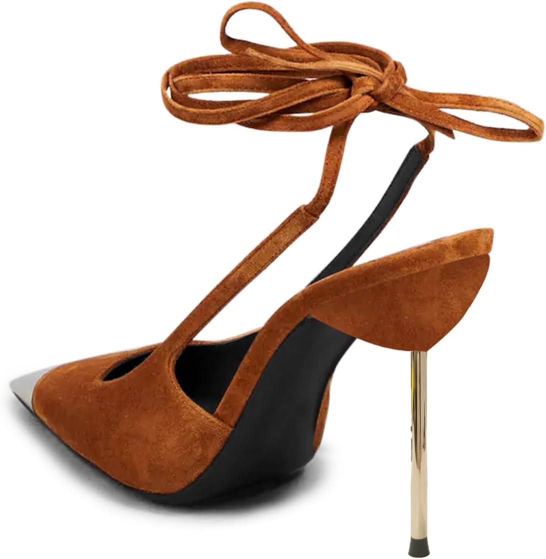 imageFSJ Women Sexy Laceup Slingback Pumps Closed Cap Toe Strappy Stiletto Heel Sandals Cocktail Nightclub Party Shoes Size 415 USOrangebrown