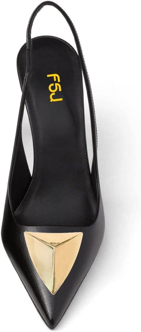 imageFSJ Women Slingback Stiletto High Heels Pumps Pointed Toe Metallic Triangle Sleek Sandals with Strech Strap Sexy Office Dress Shoes Size 416 USBlack