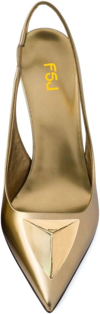 imageFSJ Women Slingback Stiletto High Heels Pumps Pointed Toe Metallic Triangle Sleek Sandals with Strech Strap Sexy Office Dress Shoes Size 416 USGold