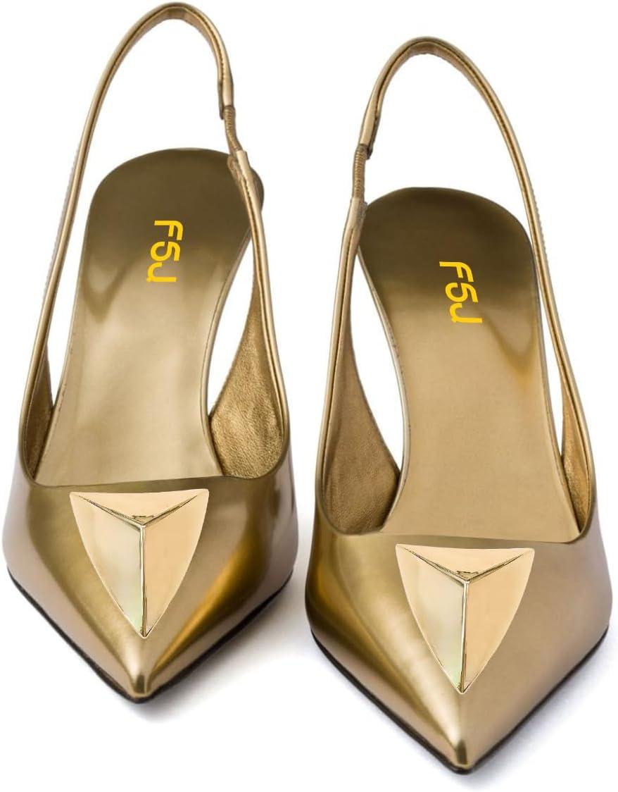 imageFSJ Women Slingback Stiletto High Heels Pumps Pointed Toe Metallic Triangle Sleek Sandals with Strech Strap Sexy Office Dress Shoes Size 416 USGold