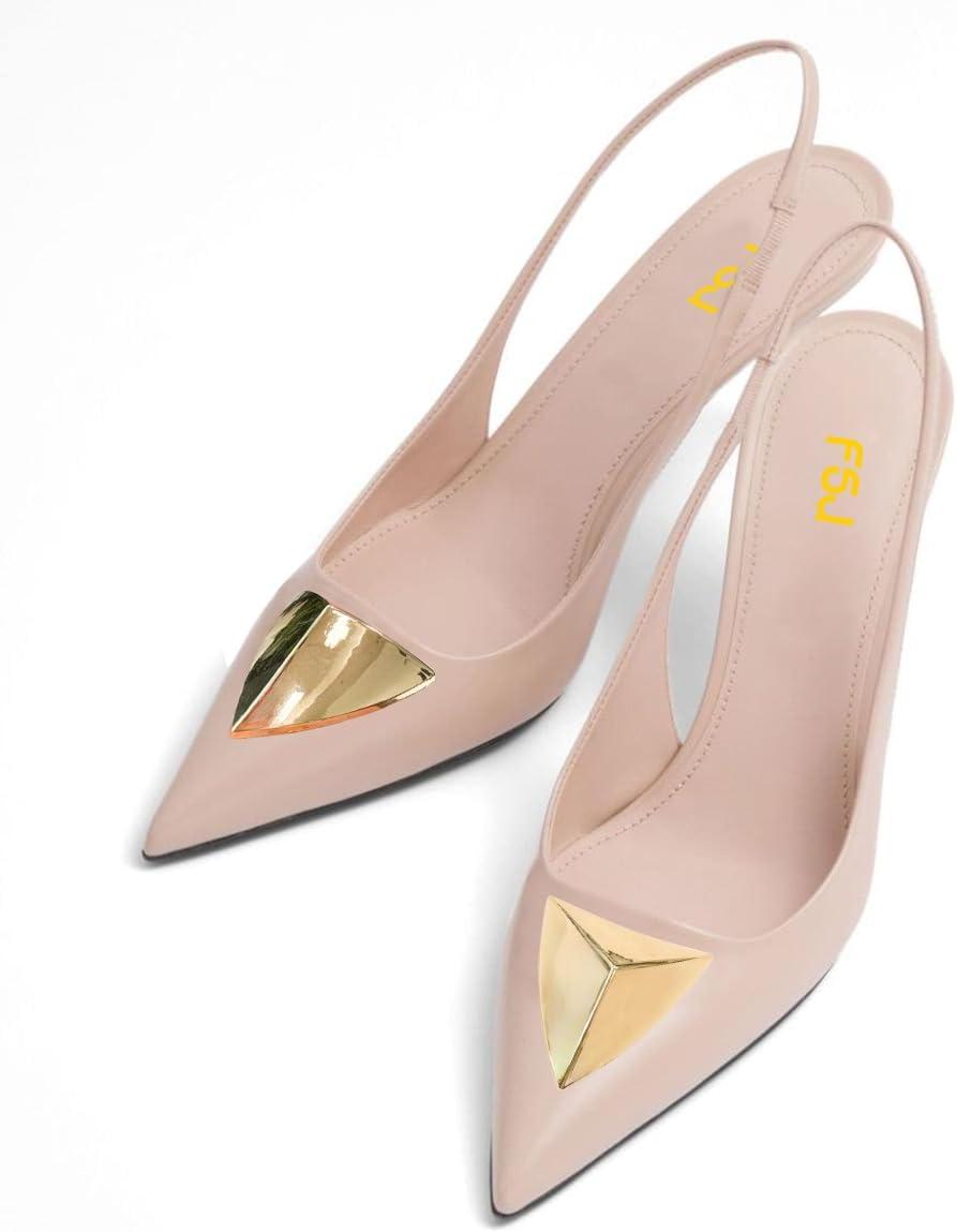 imageFSJ Women Slingback Stiletto High Heels Pumps Pointed Toe Metallic Triangle Sleek Sandals with Strech Strap Sexy Office Dress Shoes Size 416 USNude Pink