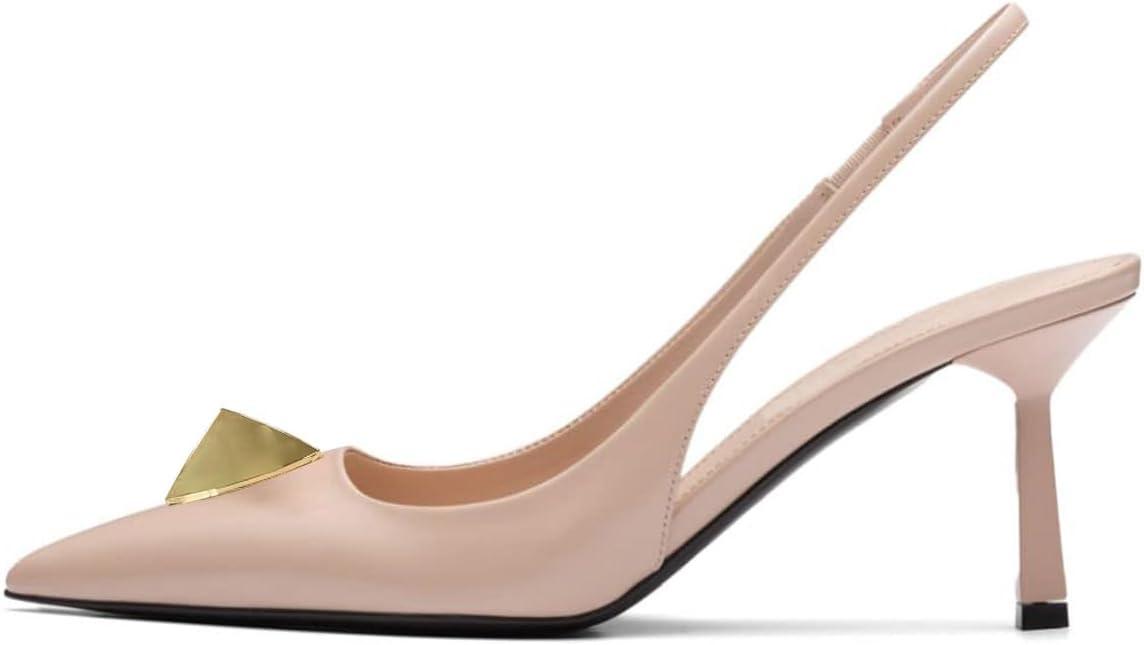 imageFSJ Women Slingback Stiletto High Heels Pumps Pointed Toe Metallic Triangle Sleek Sandals with Strech Strap Sexy Office Dress Shoes Size 416 USNude Pink
