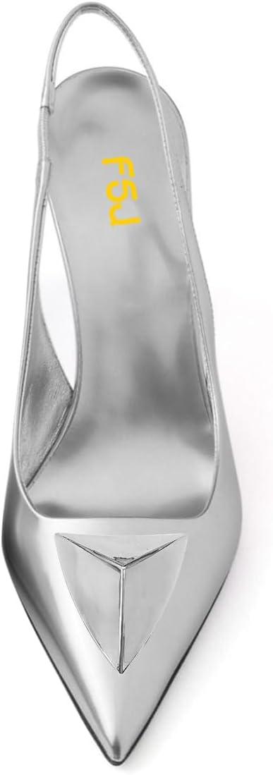 imageFSJ Women Slingback Stiletto High Heels Pumps Pointed Toe Metallic Triangle Sleek Sandals with Strech Strap Sexy Office Dress Shoes Size 416 USSilver