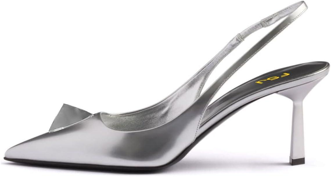 imageFSJ Women Slingback Stiletto High Heels Pumps Pointed Toe Metallic Triangle Sleek Sandals with Strech Strap Sexy Office Dress Shoes Size 416 USSilver