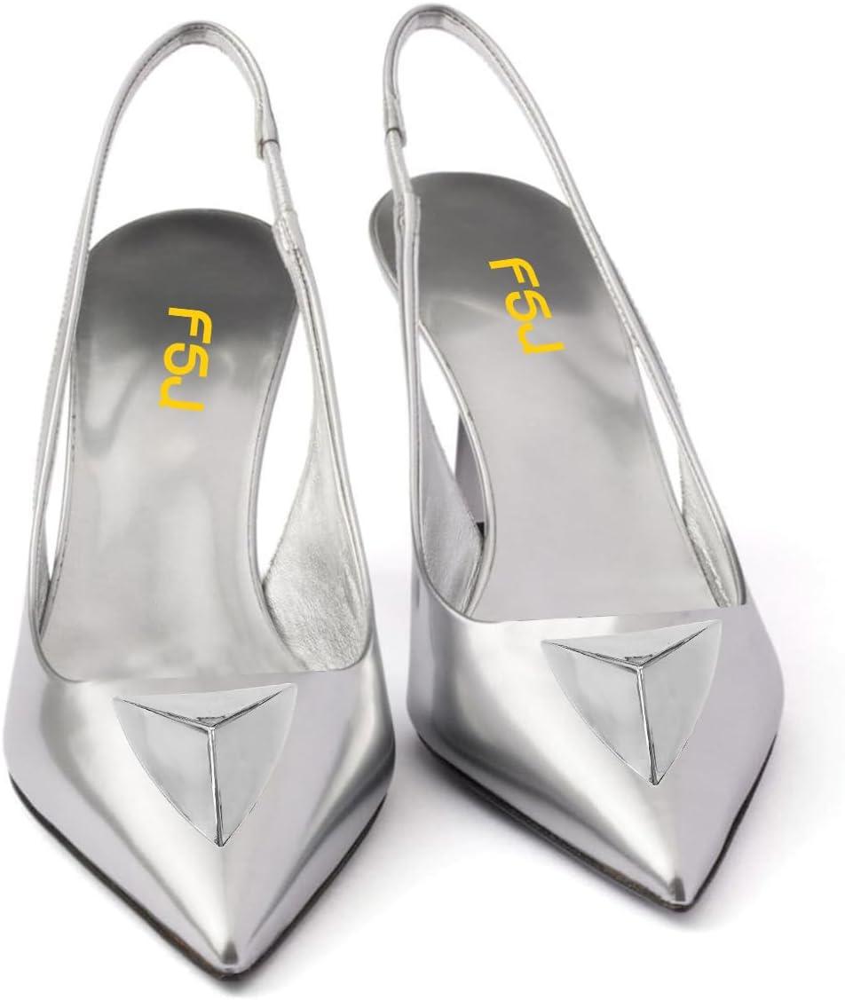 imageFSJ Women Slingback Stiletto High Heels Pumps Pointed Toe Metallic Triangle Sleek Sandals with Strech Strap Sexy Office Dress Shoes Size 416 USSilver