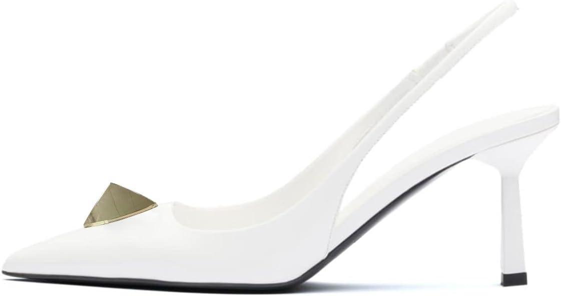 imageFSJ Women Slingback Stiletto High Heels Pumps Pointed Toe Metallic Triangle Sleek Sandals with Strech Strap Sexy Office Dress Shoes Size 416 USWhite