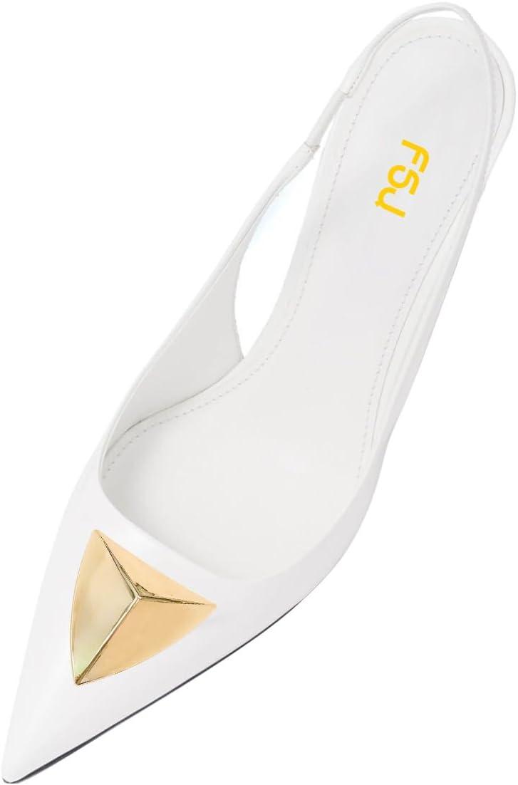 imageFSJ Women Slingback Stiletto High Heels Pumps Pointed Toe Metallic Triangle Sleek Sandals with Strech Strap Sexy Office Dress Shoes Size 416 USWhite