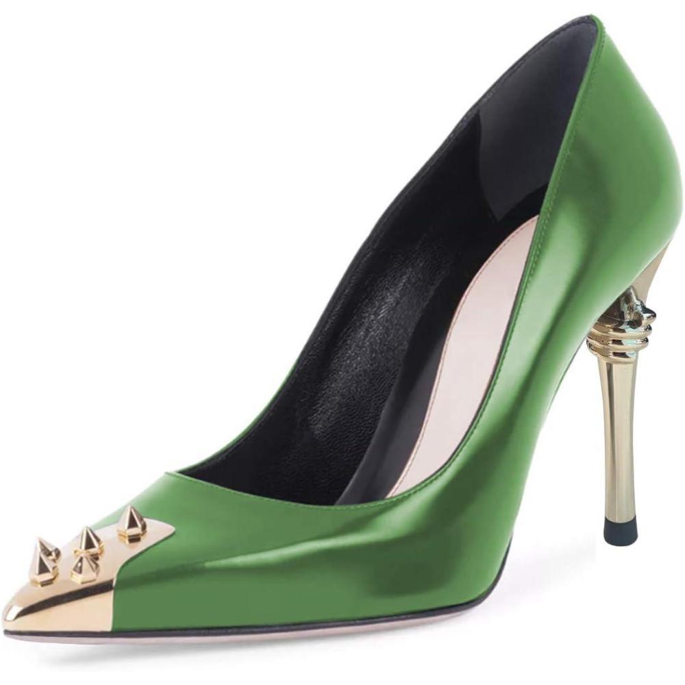 imageFSJ Women Chic Metallic Rivets Pointed Toe Slip On Pumps High Stiletto Gold Heels Party Cocktail Prom Shoes 415 USGreen