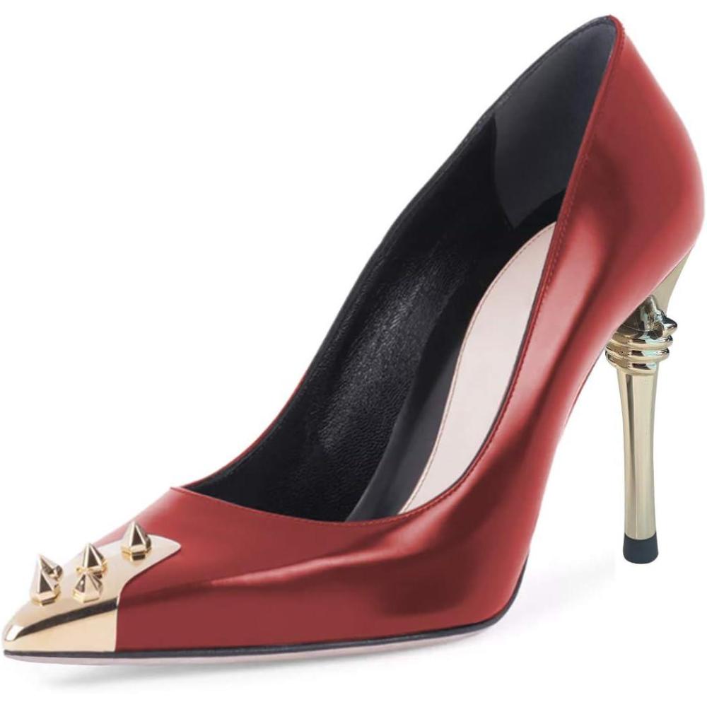 imageFSJ Women Chic Metallic Rivets Pointed Toe Slip On Pumps High Stiletto Gold Heels Party Cocktail Prom Shoes 415 USRed