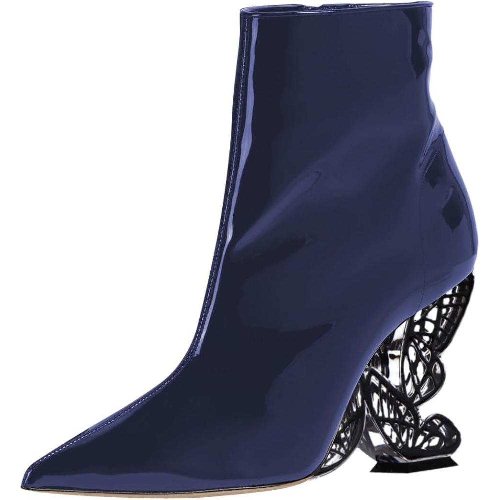 imageFSJ Women Chic Pointed Toe Butterfly High Heel Ankle Boots Side Zipper Glossy Leather Booties Casual Fashion Party Shoes Size 416 USBlue
