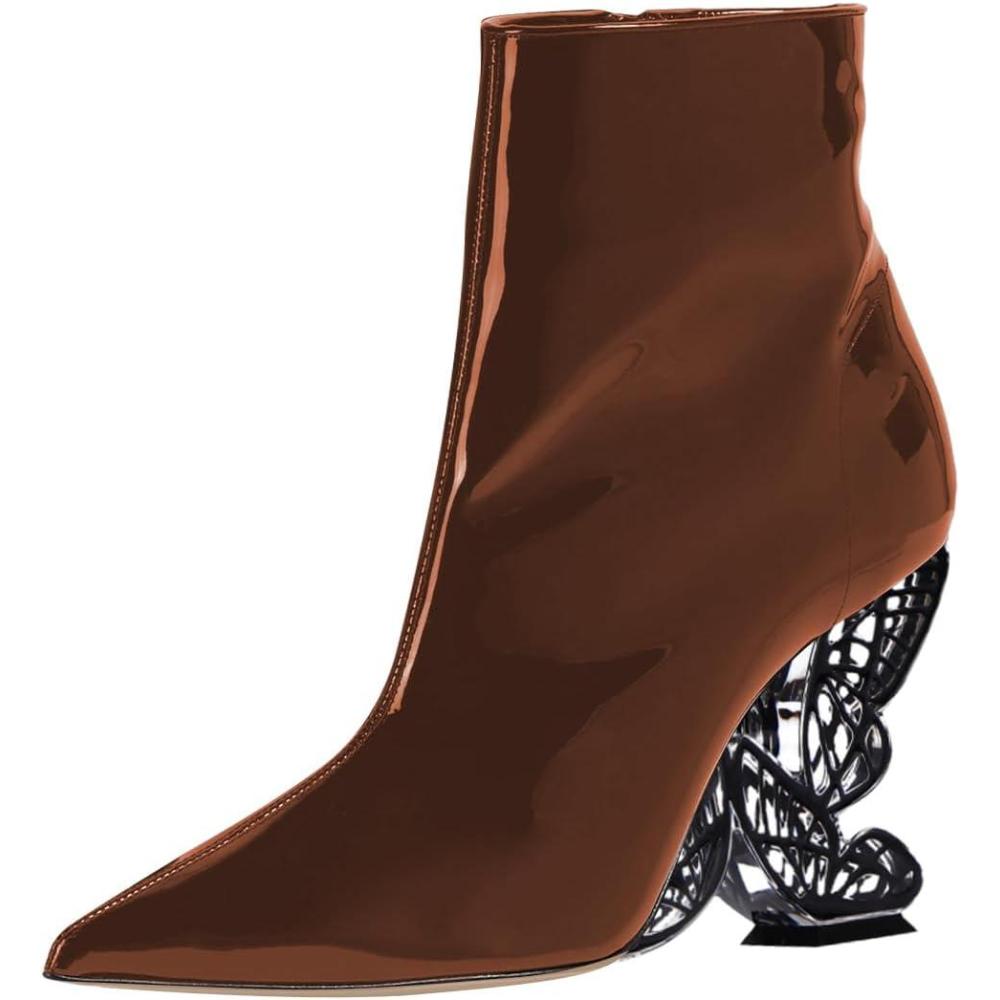 imageFSJ Women Chic Pointed Toe Butterfly High Heel Ankle Boots Side Zipper Glossy Leather Booties Casual Fashion Party Shoes Size 416 USBrown