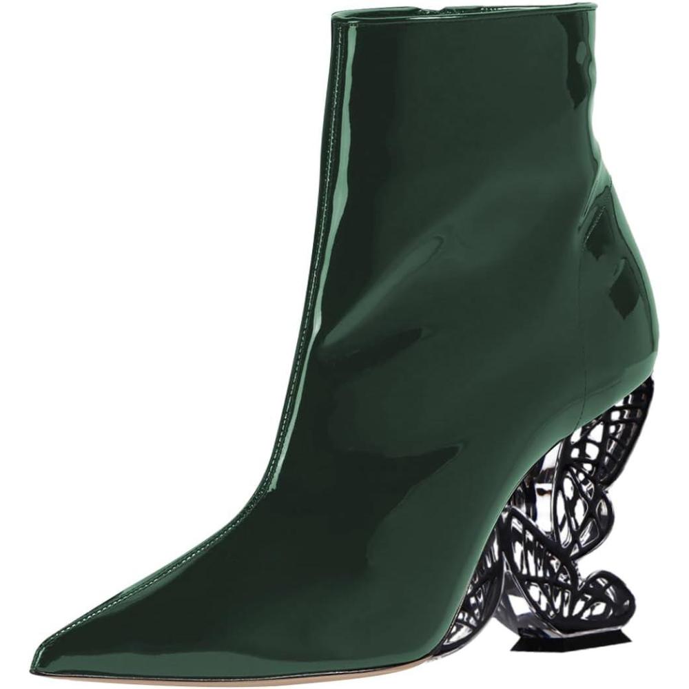 imageFSJ Women Chic Pointed Toe Butterfly High Heel Ankle Boots Side Zipper Glossy Leather Booties Casual Fashion Party Shoes Size 416 USGreen