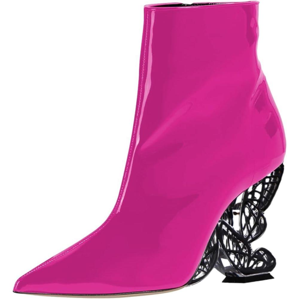 imageFSJ Women Chic Pointed Toe Butterfly High Heel Ankle Boots Side Zipper Glossy Leather Booties Casual Fashion Party Shoes Size 416 USHot Pink
