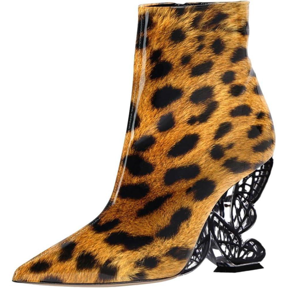 imageFSJ Women Chic Pointed Toe Butterfly High Heel Ankle Boots Side Zipper Glossy Leather Booties Casual Fashion Party Shoes Size 416 USLeopard