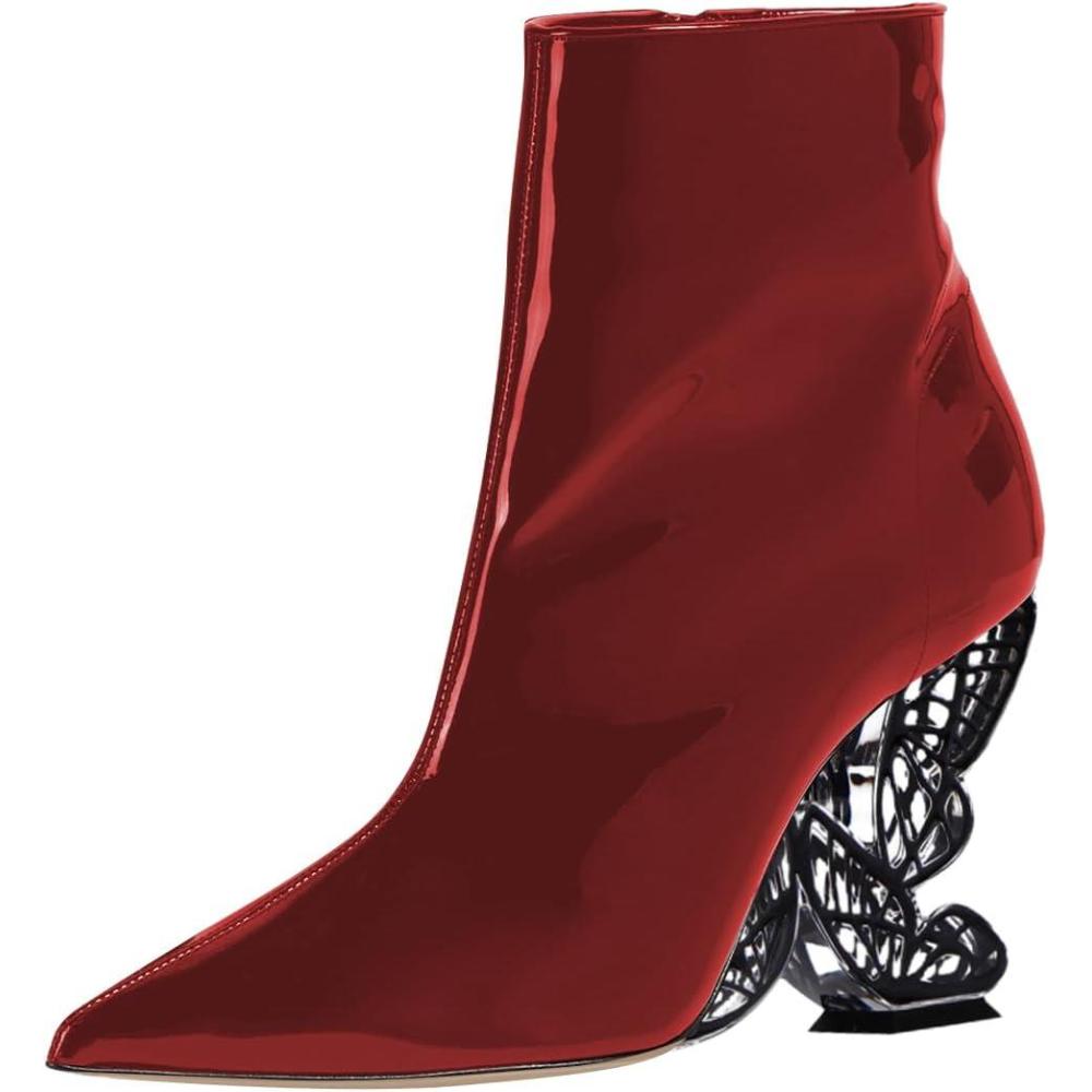 imageFSJ Women Chic Pointed Toe Butterfly High Heel Ankle Boots Side Zipper Glossy Leather Booties Casual Fashion Party Shoes Size 416 USRed