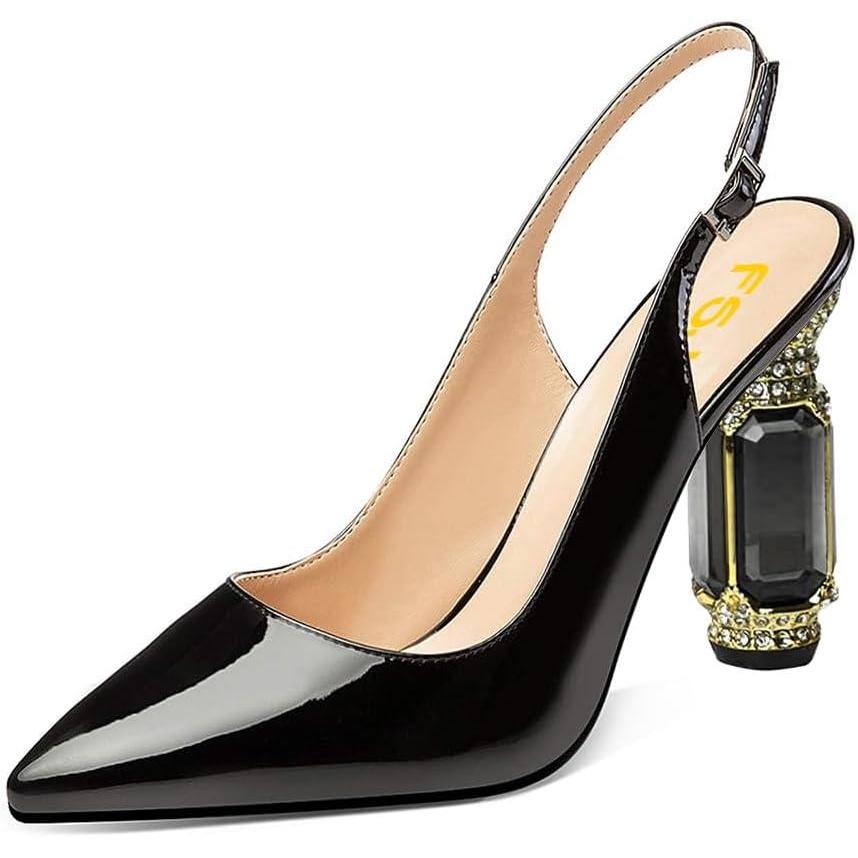 imageFSJ Women Crystal Chunky Heel Slingback Pumps Block High Heels Sandals Sexy Pointed Toe Ankle Buckle Wedding Cocktail Shoes Size 415 USBlack