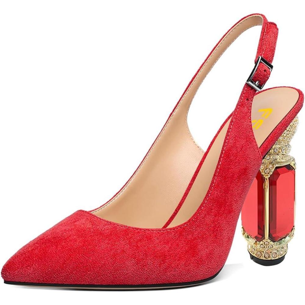 imageFSJ Women Crystal Chunky Heel Slingback Pumps Block High Heels Sandals Sexy Pointed Toe Ankle Buckle Wedding Cocktail Shoes Size 415 USRed Suede