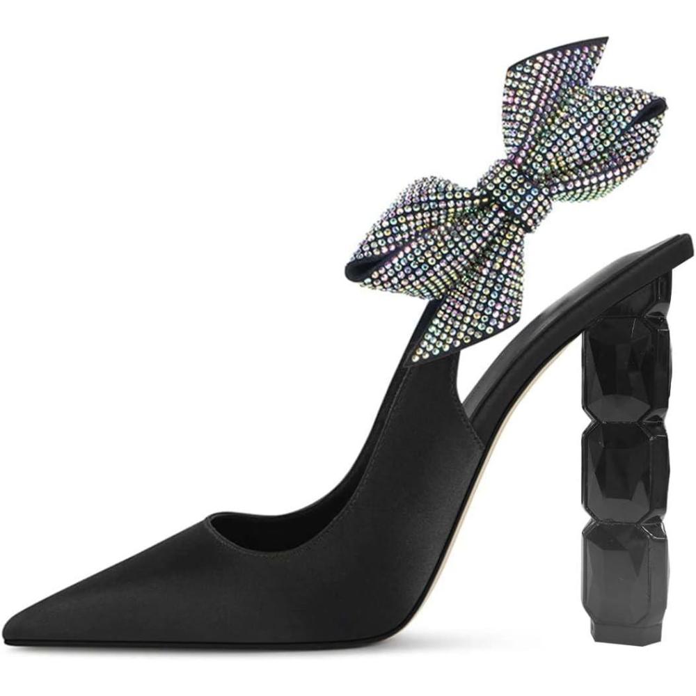 imageFSJ Women Cute Pointed Toe Stiletto High Heel Ankle Strap Pumps Rhinestone Bowknot Slingback Slip On Party Dress Shoes Size 415 USBlack Crystal Heel
