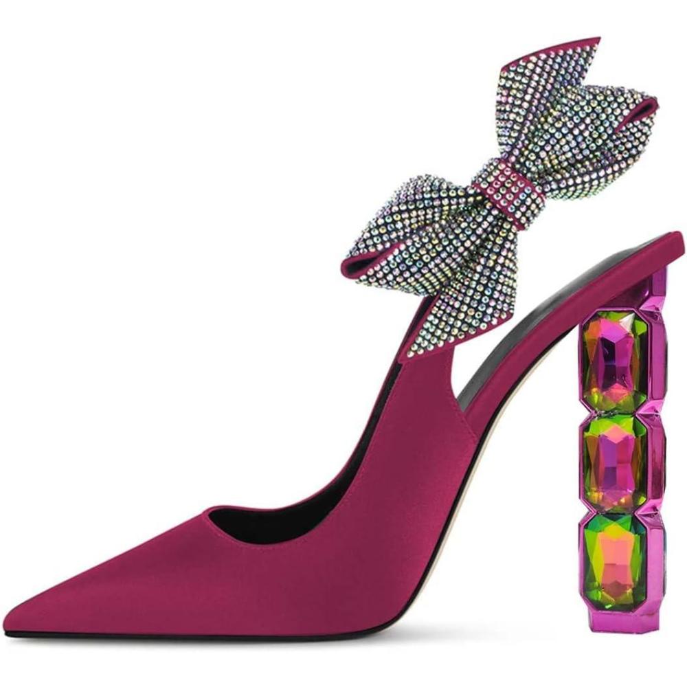 imageFSJ Women Cute Pointed Toe Stiletto High Heel Ankle Strap Pumps Rhinestone Bowknot Slingback Slip On Party Dress Shoes Size 415 USFuchsia Crystal Heel
