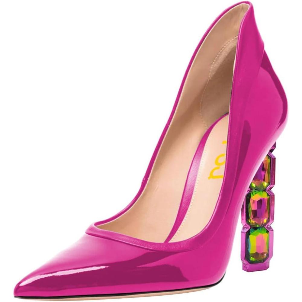 imageFSJ Women Pointed Toe Slip On Crystal Pumps Gorgeous Three Diamonds High Heel Bridal Wedding Comfort Party Dress Shoes Size 416 USDeep Pink