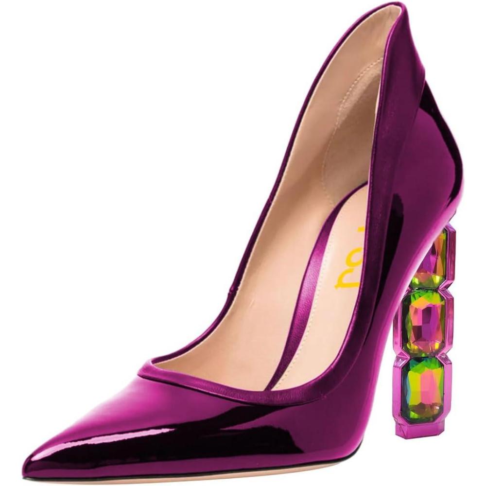imageFSJ Women Pointed Toe Slip On Crystal Pumps Gorgeous Three Diamonds High Heel Bridal Wedding Comfort Party Dress Shoes Size 416 USFuchsia
