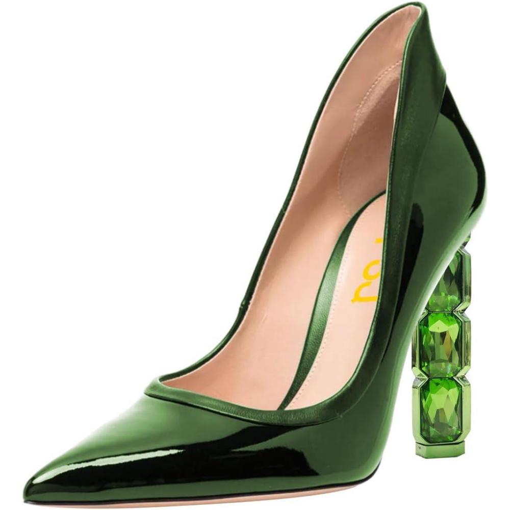 imageFSJ Women Pointed Toe Slip On Crystal Pumps Gorgeous Three Diamonds High Heel Bridal Wedding Comfort Party Dress Shoes Size 416 USGreen
