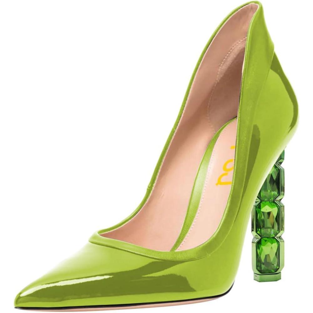 imageFSJ Women Pointed Toe Slip On Crystal Pumps Gorgeous Three Diamonds High Heel Bridal Wedding Comfort Party Dress Shoes Size 416 USLime Green