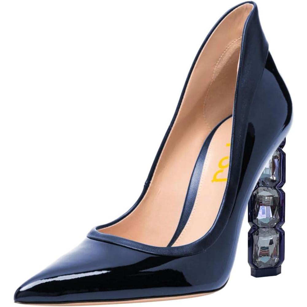 imageFSJ Women Pointed Toe Slip On Crystal Pumps Gorgeous Three Diamonds High Heel Bridal Wedding Comfort Party Dress Shoes Size 416 USNavy Blue