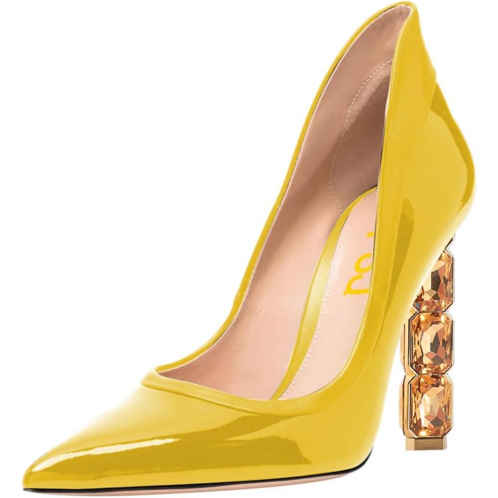 imageFSJ Women Pointed Toe Slip On Crystal Pumps Gorgeous Three Diamonds High Heel Bridal Wedding Comfort Party Dress Shoes Size 416 USYellow
