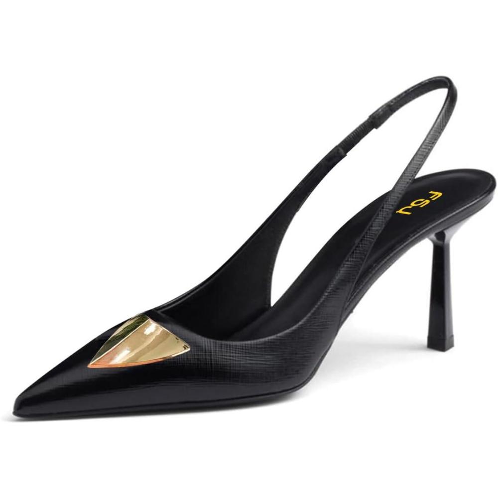 imageFSJ Women Slingback Stiletto High Heels Pumps Pointed Toe Metallic Triangle Sleek Sandals with Strech Strap Sexy Office Dress Shoes Size 416 USBlack