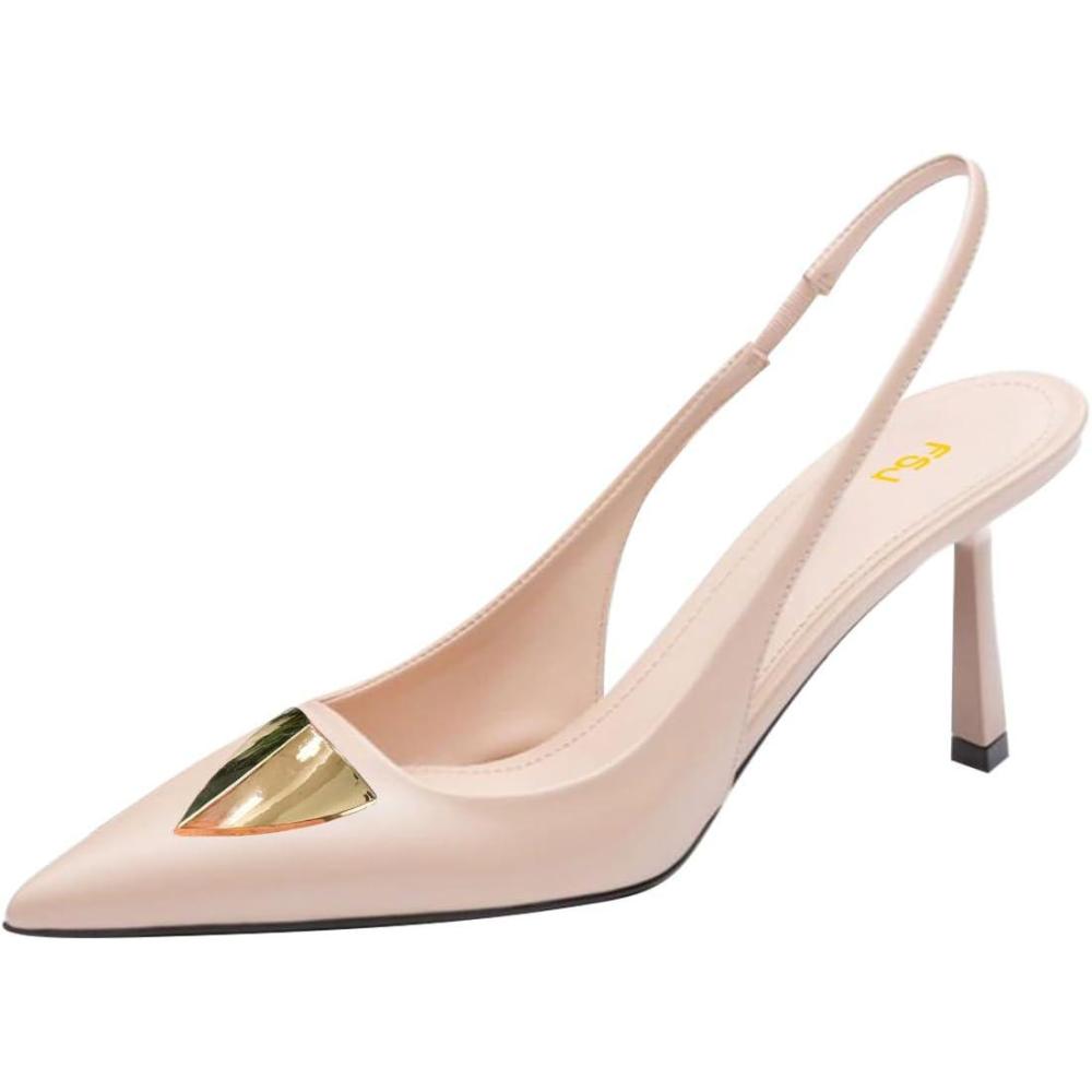imageFSJ Women Slingback Stiletto High Heels Pumps Pointed Toe Metallic Triangle Sleek Sandals with Strech Strap Sexy Office Dress Shoes Size 416 USNude Pink