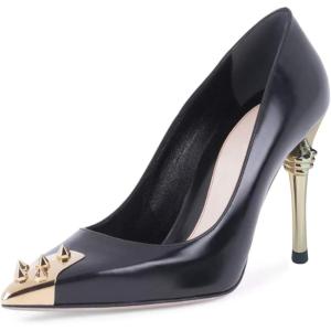 imageFSJ Women Chic Metallic Rivets Pointed Toe Slip On Pumps High Stiletto Gold Heels Party Cocktail Prom Shoes 415 USBlack