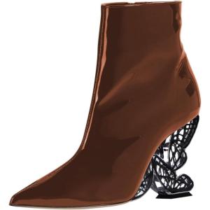 imageFSJ Women Chic Pointed Toe Butterfly High Heel Ankle Boots Side Zipper Glossy Leather Booties Casual Fashion Party Shoes Size 416 USBrown