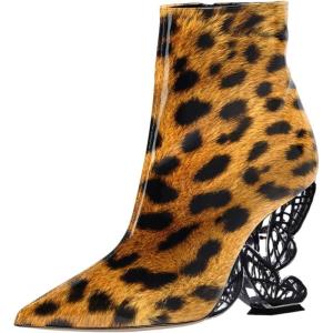 imageFSJ Women Chic Pointed Toe Butterfly High Heel Ankle Boots Side Zipper Glossy Leather Booties Casual Fashion Party Shoes Size 416 USLeopard
