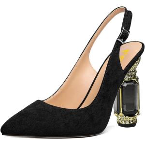 imageFSJ Women Crystal Chunky Heel Slingback Pumps Block High Heels Sandals Sexy Pointed Toe Ankle Buckle Wedding Cocktail Shoes Size 415 USBlack Suede