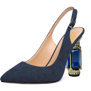 imageFSJ Women Crystal Chunky Heel Slingback Pumps Block High Heels Sandals Sexy Pointed Toe Ankle Buckle Wedding Cocktail Shoes Size 415 USNavy Suede