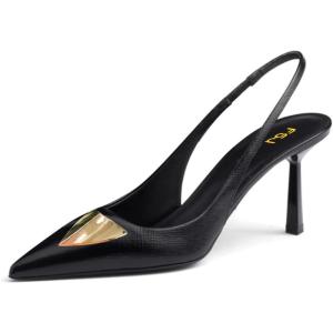 imageFSJ Women Slingback Stiletto High Heels Pumps Pointed Toe Metallic Triangle Sleek Sandals with Strech Strap Sexy Office Dress Shoes Size 416 USBlack
