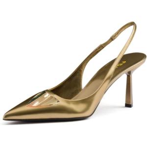 imageFSJ Women Slingback Stiletto High Heels Pumps Pointed Toe Metallic Triangle Sleek Sandals with Strech Strap Sexy Office Dress Shoes Size 416 USGold