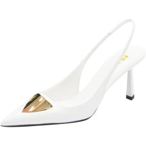 imageFSJ Women Slingback Stiletto High Heels Pumps Pointed Toe Metallic Triangle Sleek Sandals with Strech Strap Sexy Office Dress Shoes Size 416 USWhite