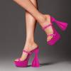 imageFSJ Women Open Toe Special Thick High Heel Platform Sandals Rhinestone Strappy Slip On Summer Dress Shoes Size 415 USFuscia