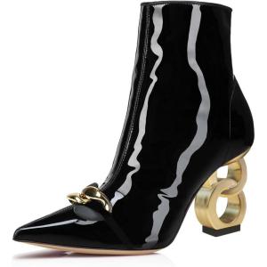 imageFSJ Women Ankle Boots Closed Pointed Toe Gold Chain Heel with Side Zipper Elegant Party Daily Dress Booties Shoes Size 416 USBlack