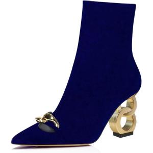 imageFSJ Women Ankle Boots Closed Pointed Toe Gold Chain Heel with Side Zipper Elegant Party Daily Dress Booties Shoes Size 416 USBlue