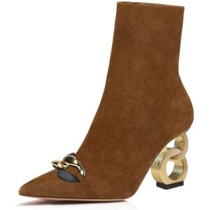 imageFSJ Women Ankle Boots Closed Pointed Toe Gold Chain Heel with Side Zipper Elegant Party Daily Dress Booties Shoes Size 416 USBrown