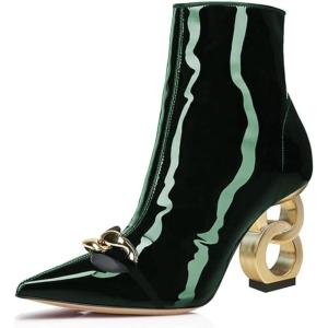 imageFSJ Women Ankle Boots Closed Pointed Toe Gold Chain Heel with Side Zipper Elegant Party Daily Dress Booties Shoes Size 416 USDark Green